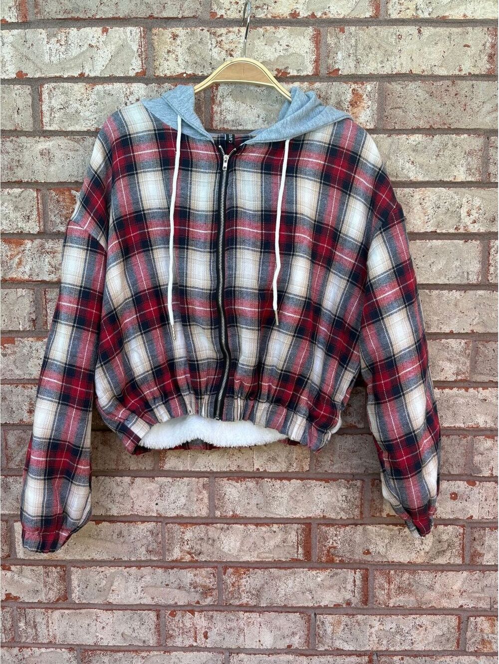 NWT ZAFUL Red Plaid Sherpa Lined Hooded Jacket Size 6